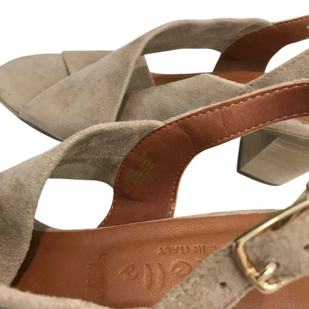 Mariella Suede Open Toe Sling Back Block Heel Sandal Tan 7.5